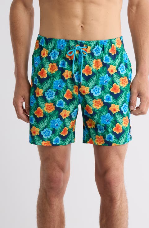 Hibiscus Leaf Print Swim Trunks
