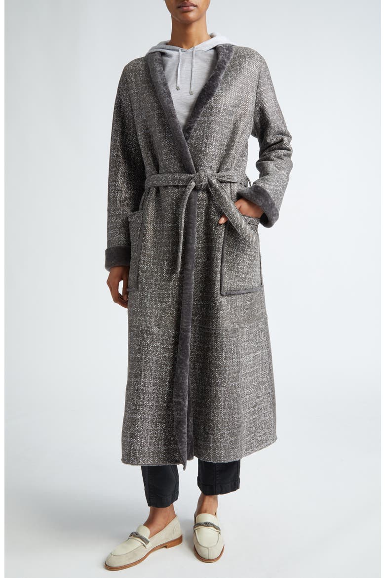 Suede & Genuine Shearling Wrap Coat, Alternate, color, CARBON