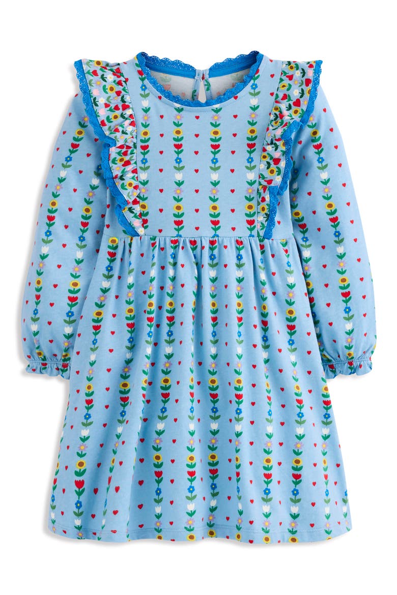 Kids' Print Long Sleeve Cotton Knit Ruffle Dress, Main, color, GLACIER BLUE GARDEN STRIPE