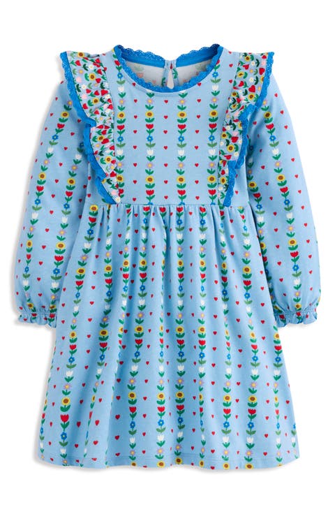 Kids' Print Long Sleeve Cotton Knit Ruffle Dress (Toddler, Little Kid & Big Kid)
