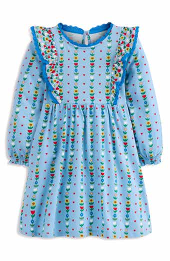 Kids' Print Long Sleeve Cotton Knit Ruffle Dress