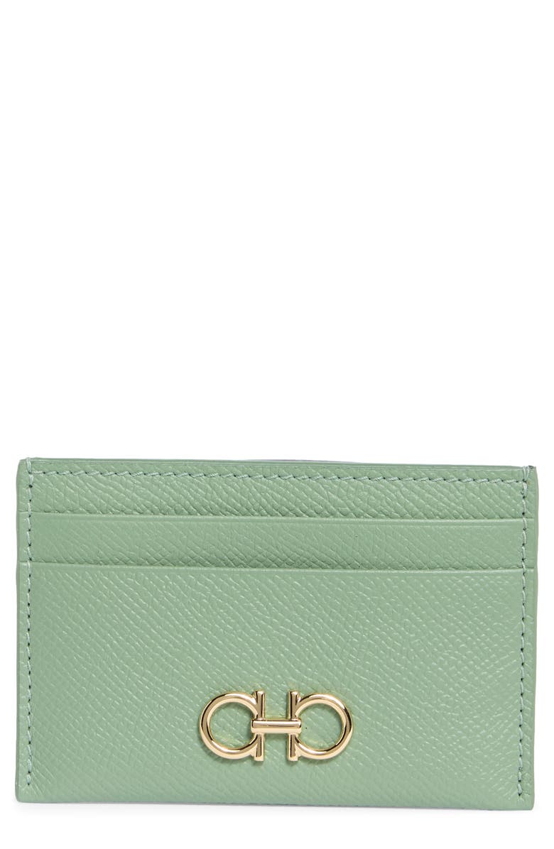 FERRAGAMO Gancini Leather Card Case, Main, color, Seagrass/ Lucky Charme
