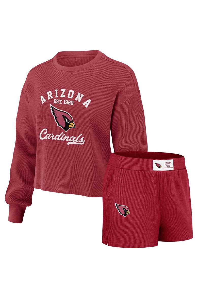Women's WEAR by Erin Andrews Cardinal Arizona Cardinals Waffle Knit Long Sleeve T-Shirt & Shorts Lounge Set, Main, color, Cardinal