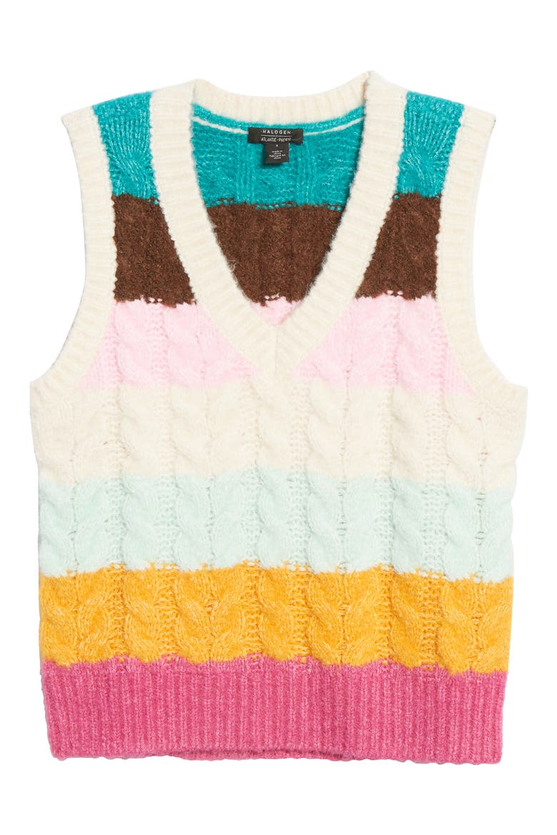 x Atlantic-Pacific Stripe Cable Knit Sweater Vest, Alternate, color, TEAL MULTI MELLIE PLACE STRIPE