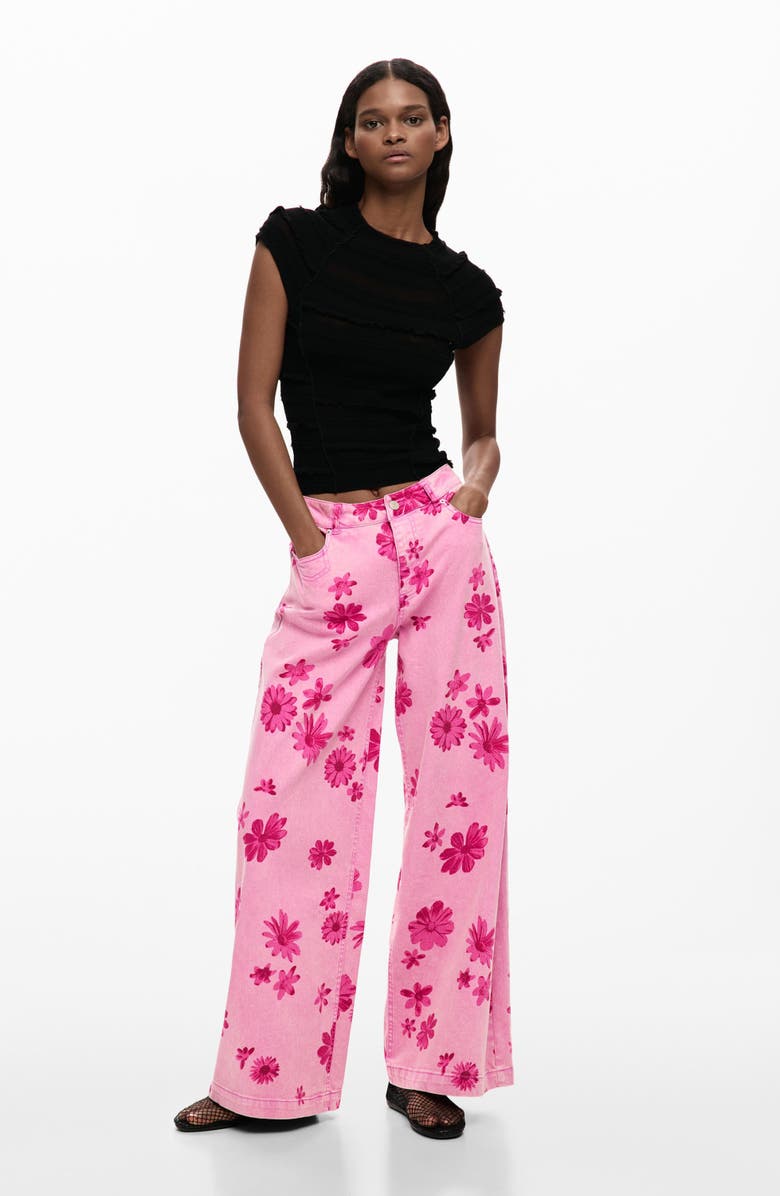 Desigual Floral Print Wide Leg Jeans, Alternate, color, Light Pink