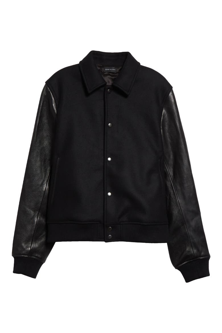 Wool Blend & Leather Varsity Jacket, Alternate, color, BLACK