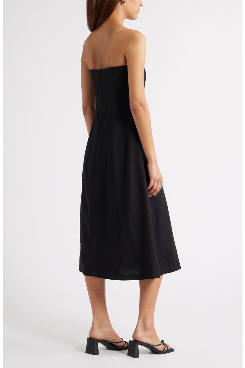 Strapless Linen Blend Midi Dress, Alternate, color, BLACK