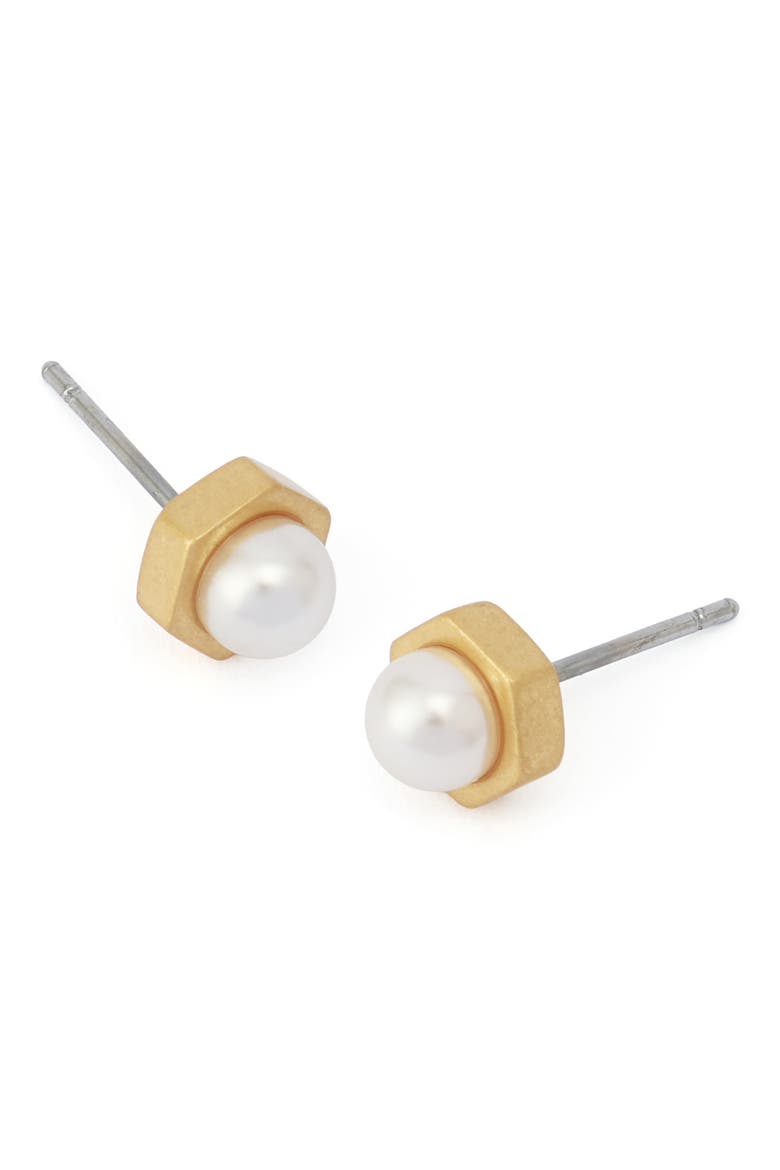 Faux Pearl Stud Earrings, Alternate, color, PEARL/ VINTAGE GOLD