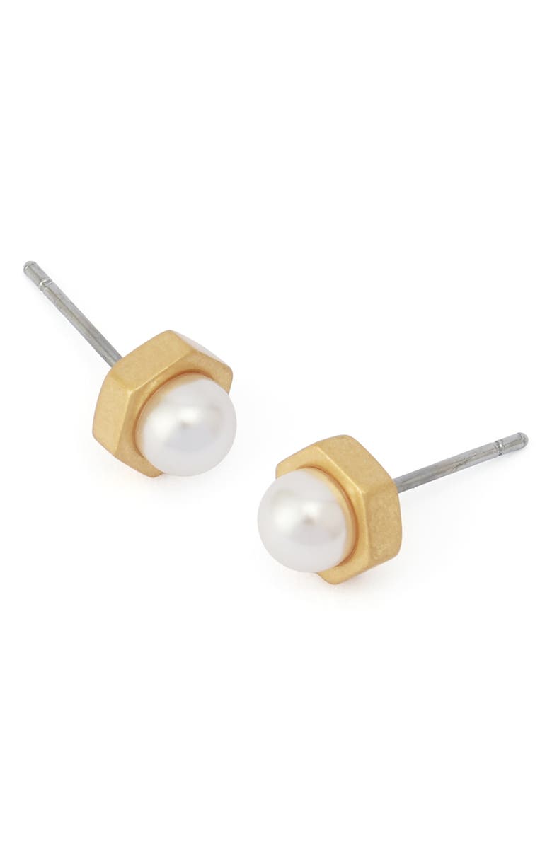 AllSaints Faux Pearl Stud Earrings, Alternate, color, Pearl/ Vintage Gold