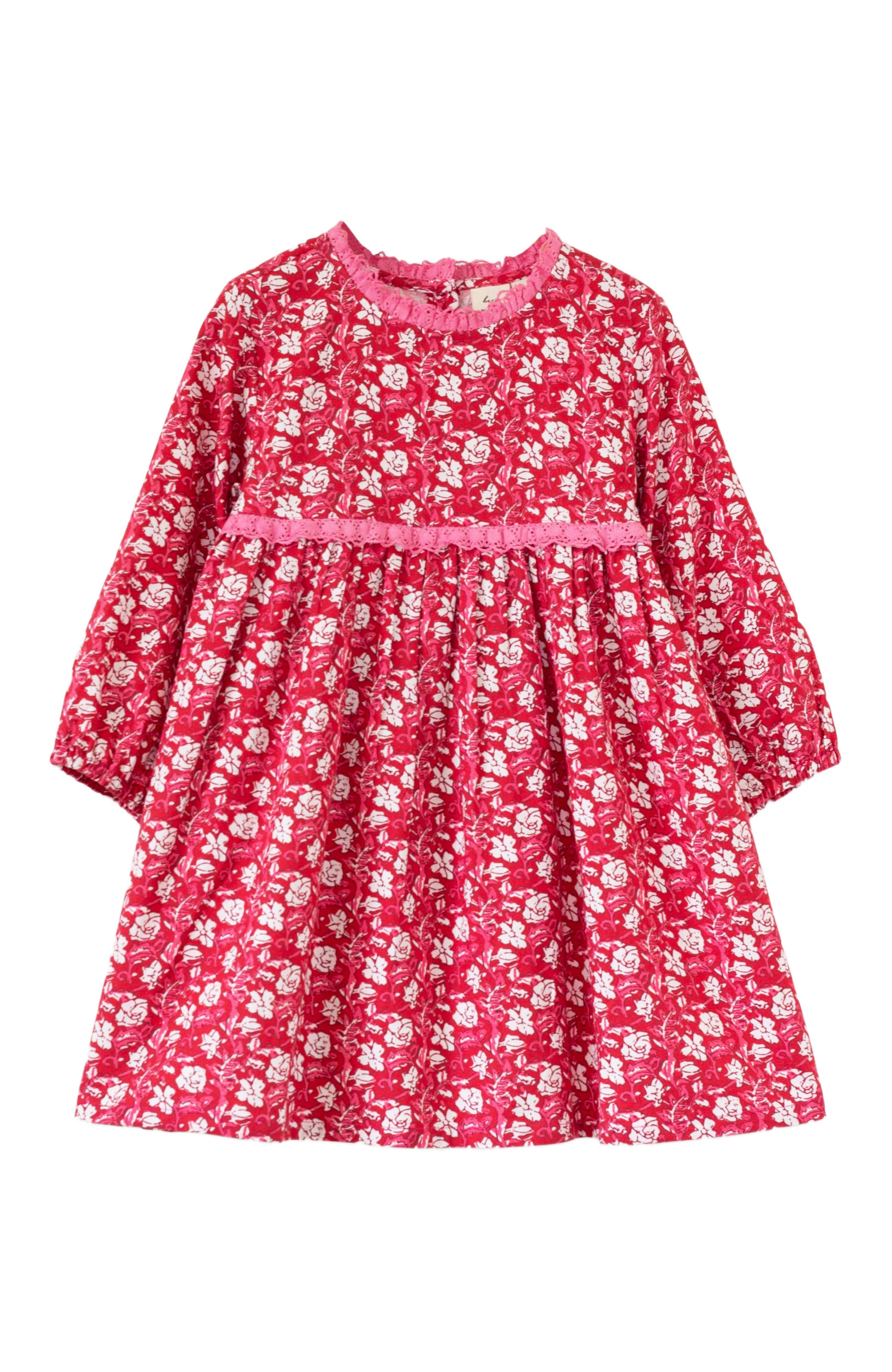 Beet World Toddler Long Sleeves Dress with Lace Trim in Red 