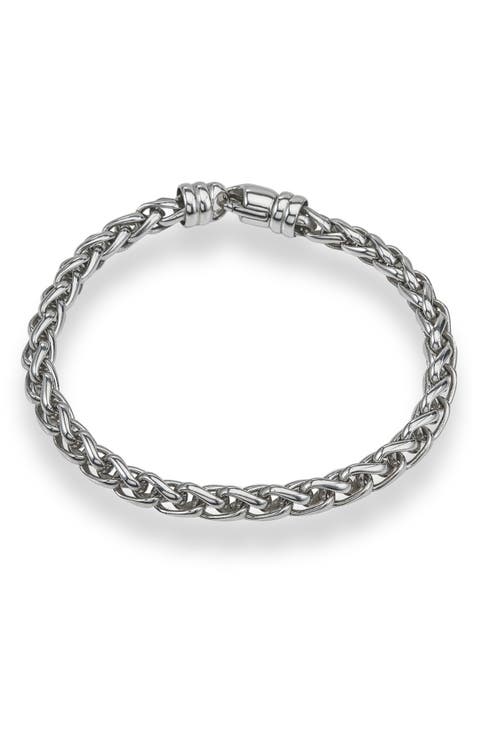 Mens' Rhodium Plated Sterling Silver Wheat Chain Bracelet