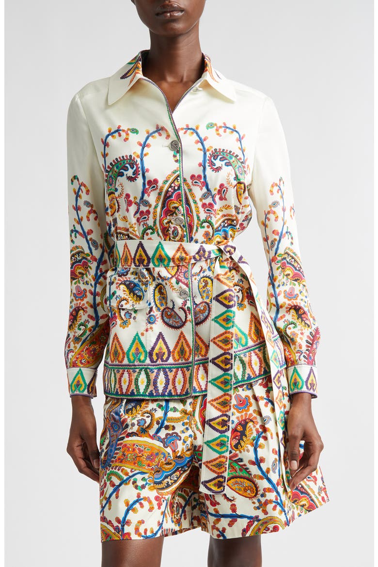 Paisley Border Belted Safari Jacket, Main, color, PRINT ON WHITE BASE