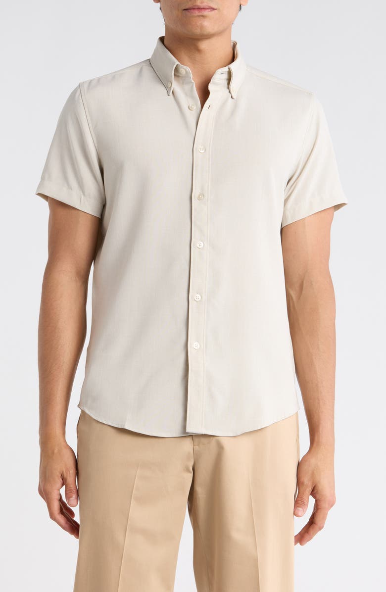 DENIM AND FLOWER Short Sleeve Button-Down Shirt, Main, color, Beige
