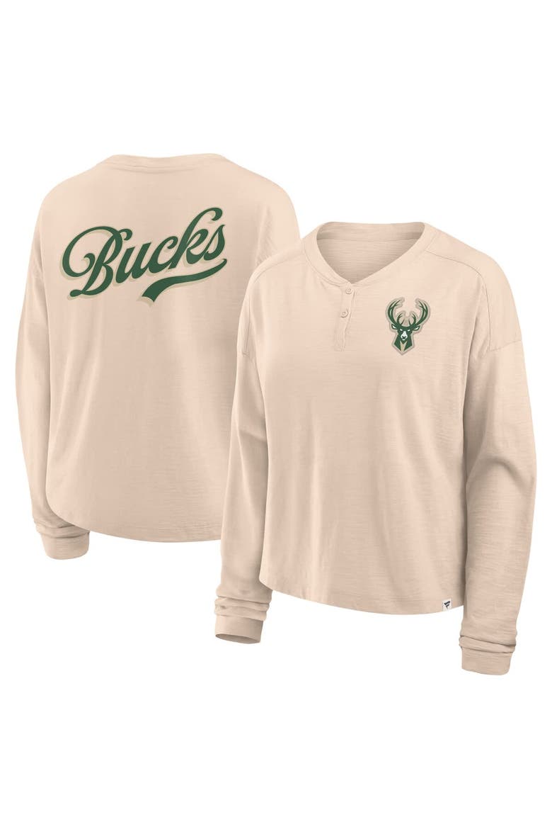 Women's Fanatics Natural Milwaukee Bucks Boxed Out Drop Fashion Long Sleeve T-Shirt, Main, color, Natural