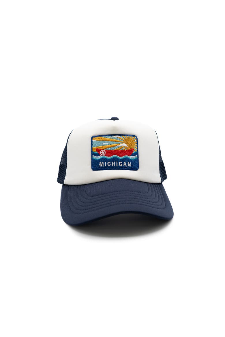Michigan Postcard Trucker Hat - Kids, Main, color, Navy & White