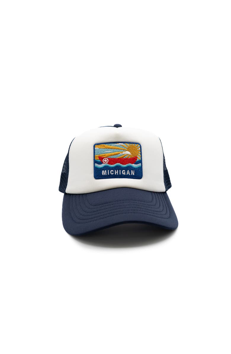 Rey To Z Michigan Postcard Trucker Hat - Kids, Main, color, Navy & White