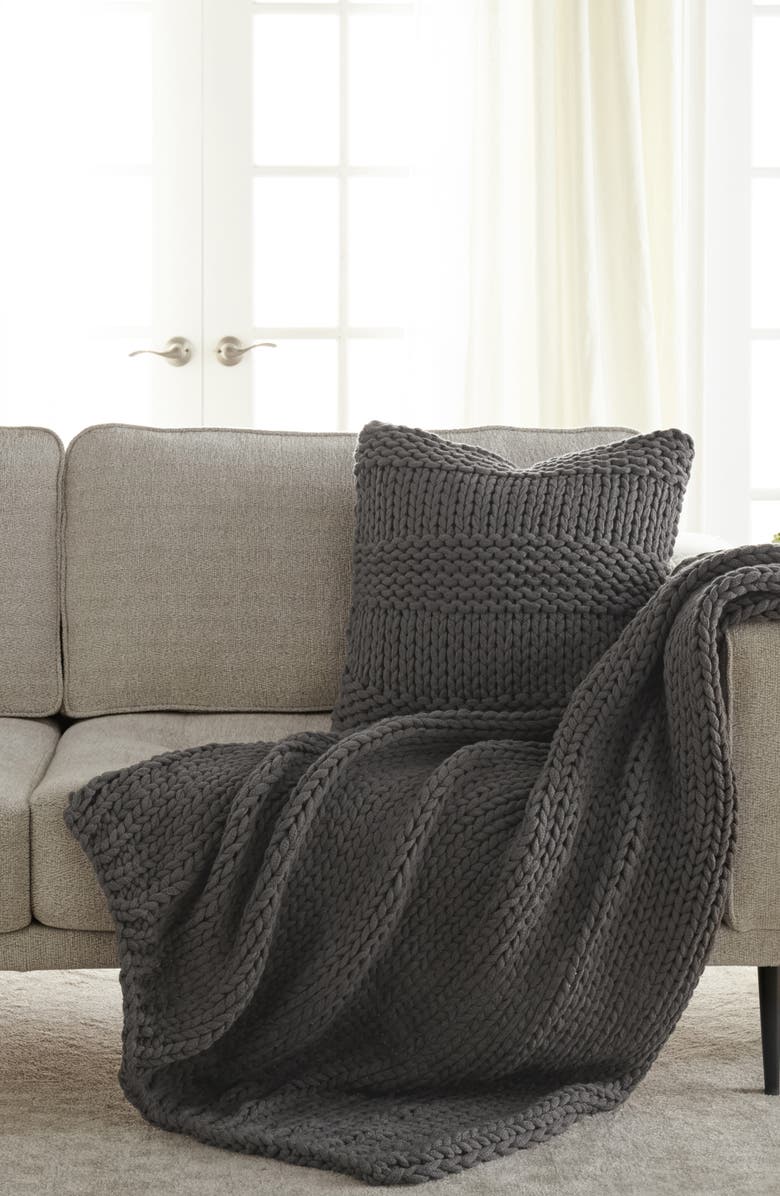 HOMESPUN Chunky Knit Accent Pillow & Oversize Throw Blanket Set, Alternate, color, Gray