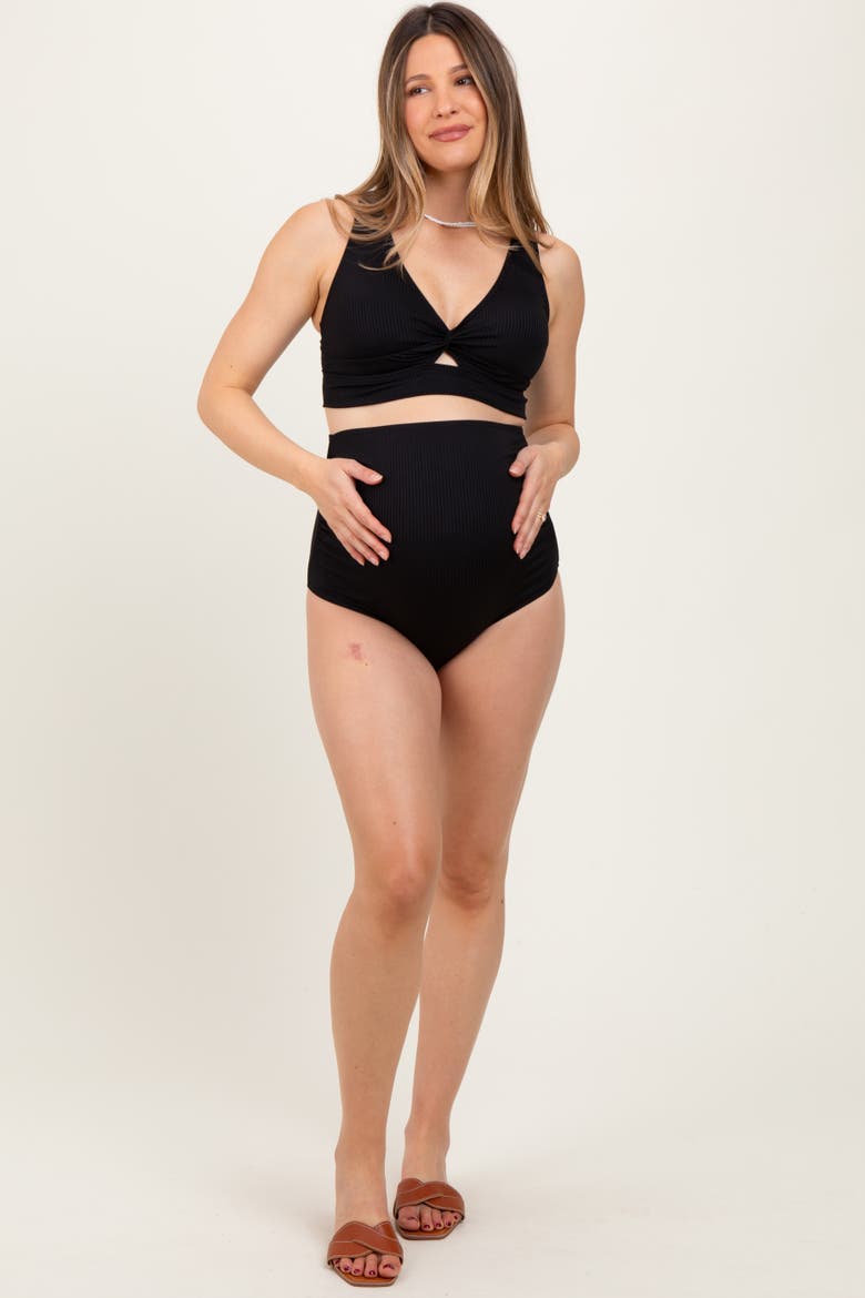 Ribbed Twist Cutout Front Swim Set, Alternate, color, Black