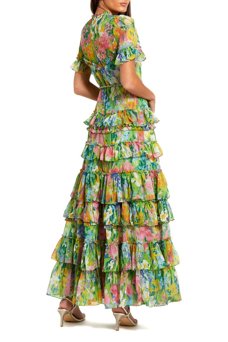 Floral Printed Chiffon Tiered Ruffle Gown, Alternate, color, Green Multi