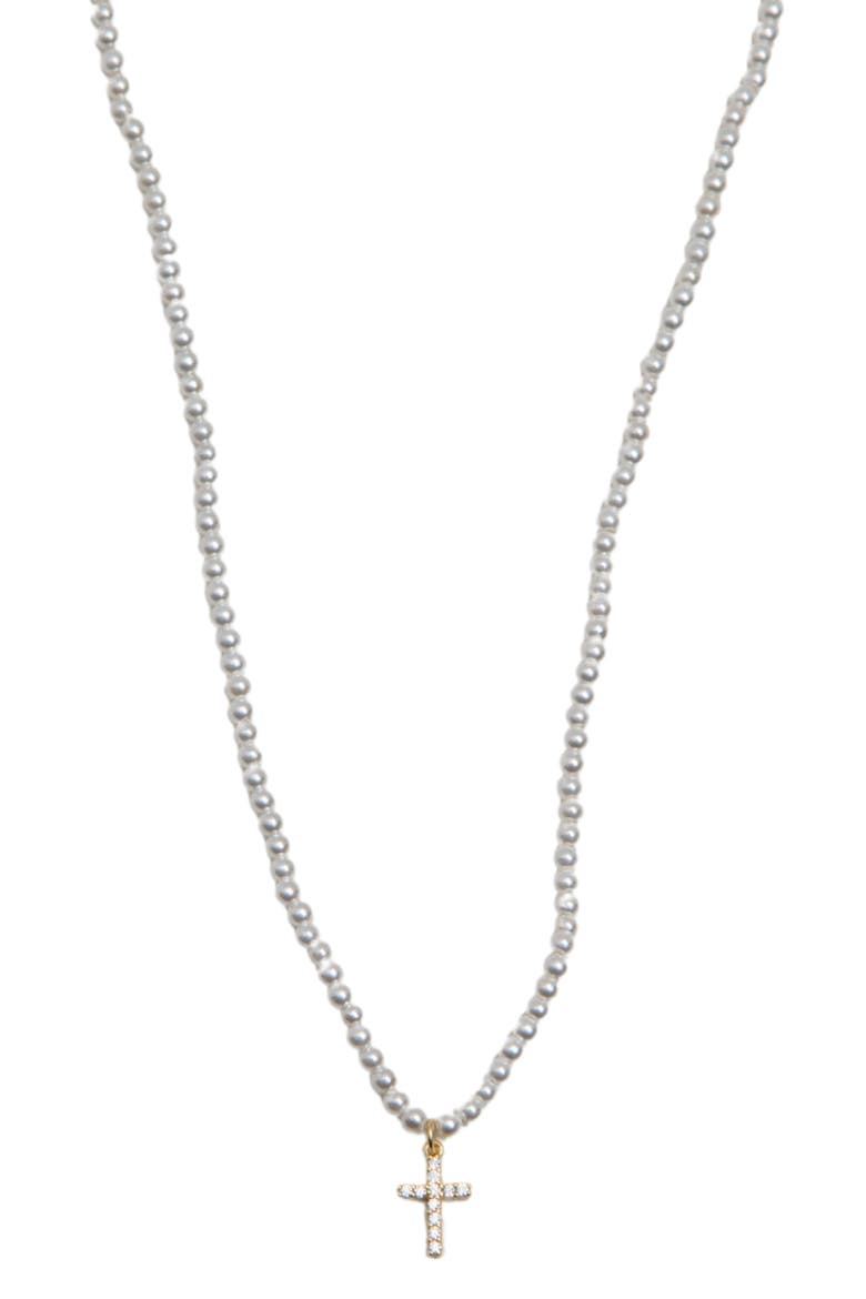 Cubic Zirconia Cross Pendant Faux Pearl Necklace, Main, color, GOLD