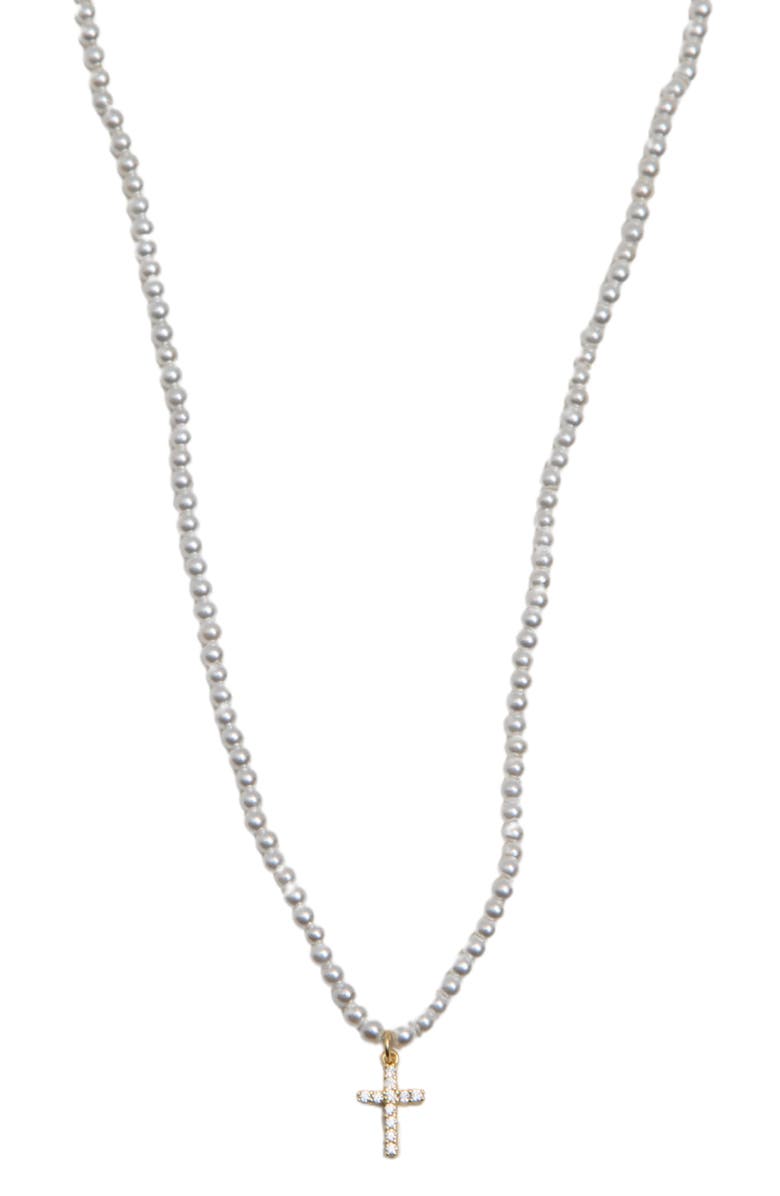 Argento Vivo Sterling Silver Cubic Zirconia Cross Pendant Faux Pearl Necklace, Main, color, Gold