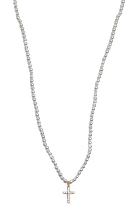 Cubic Zirconia Cross Pendant Faux Pearl Necklace