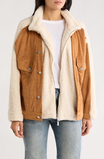 Blanknyc High Pile Fleece Trim Faux Suede Jacket In Brown