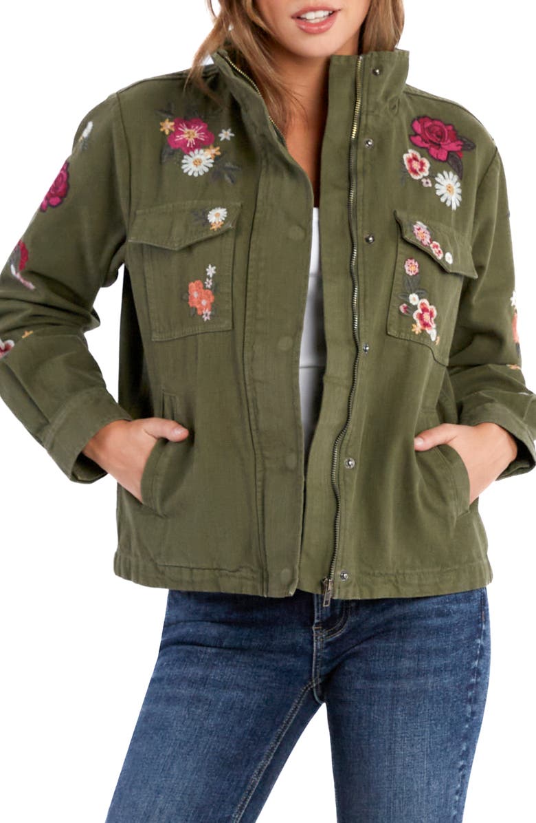 Billy T Camp Happy Floral Embroidered Zip-Up Jacket, Main, color, Army