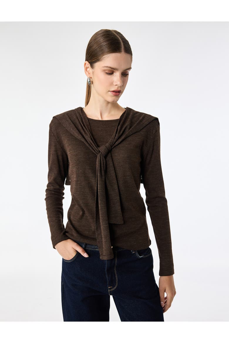Long Sleeve Tie-Front Shawl Collar Top, Alternate, color, BROWN