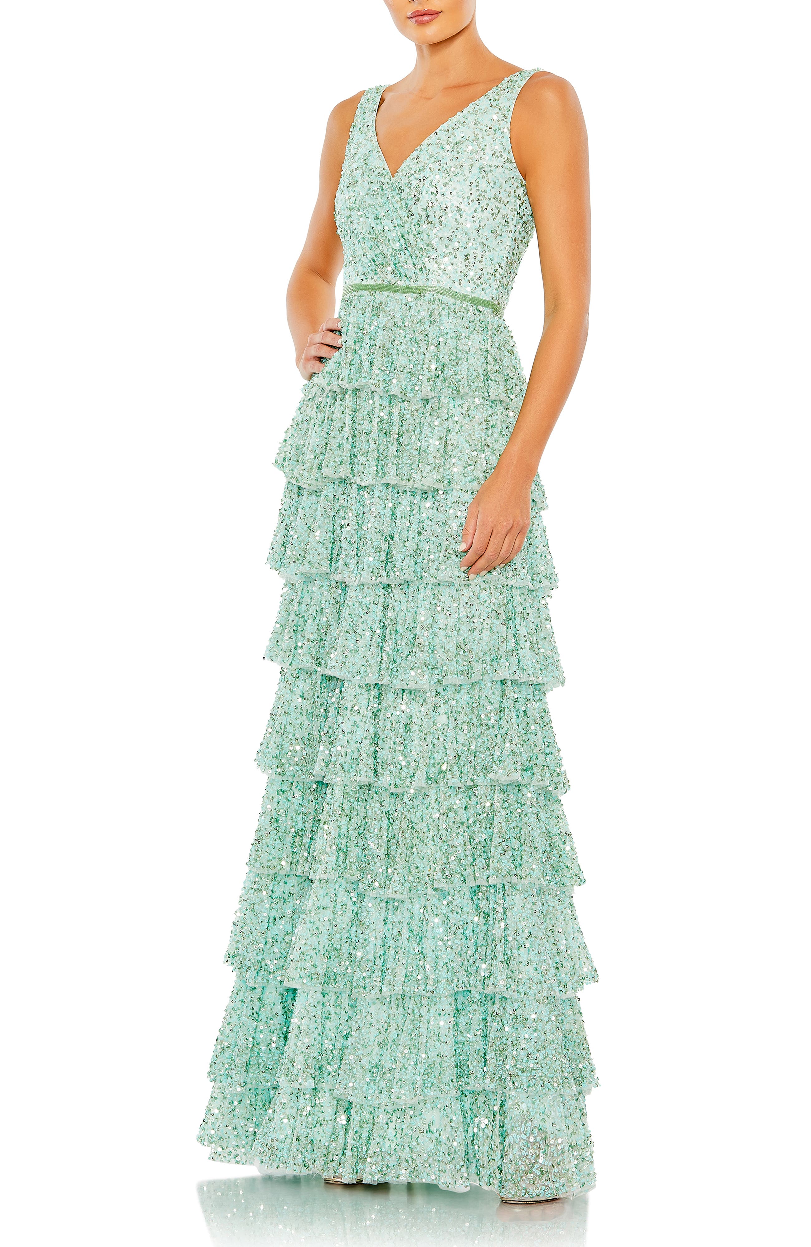 Sleeveless Sequin Ruffle Tiered Gown