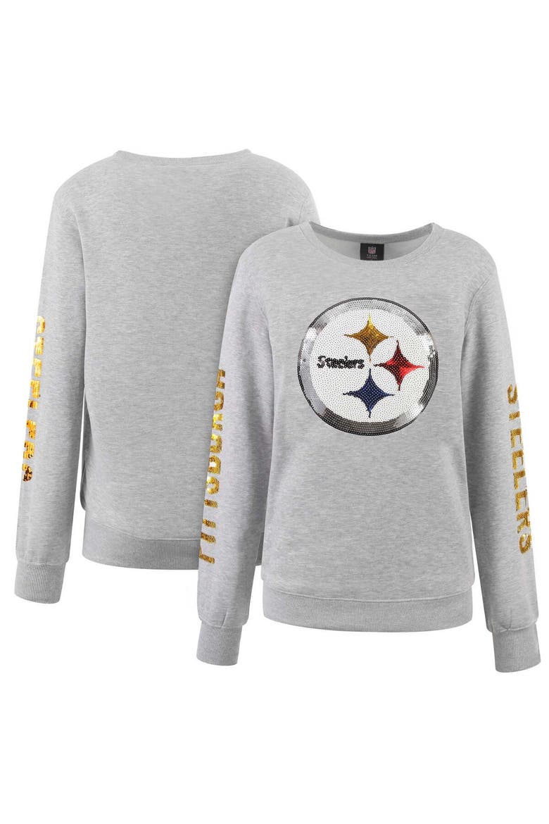 Women's Cuce Heather Gray Pittsburgh Steelers Sequined Logo Pullover Sweatshirt, Alternate, color, Heather Gray