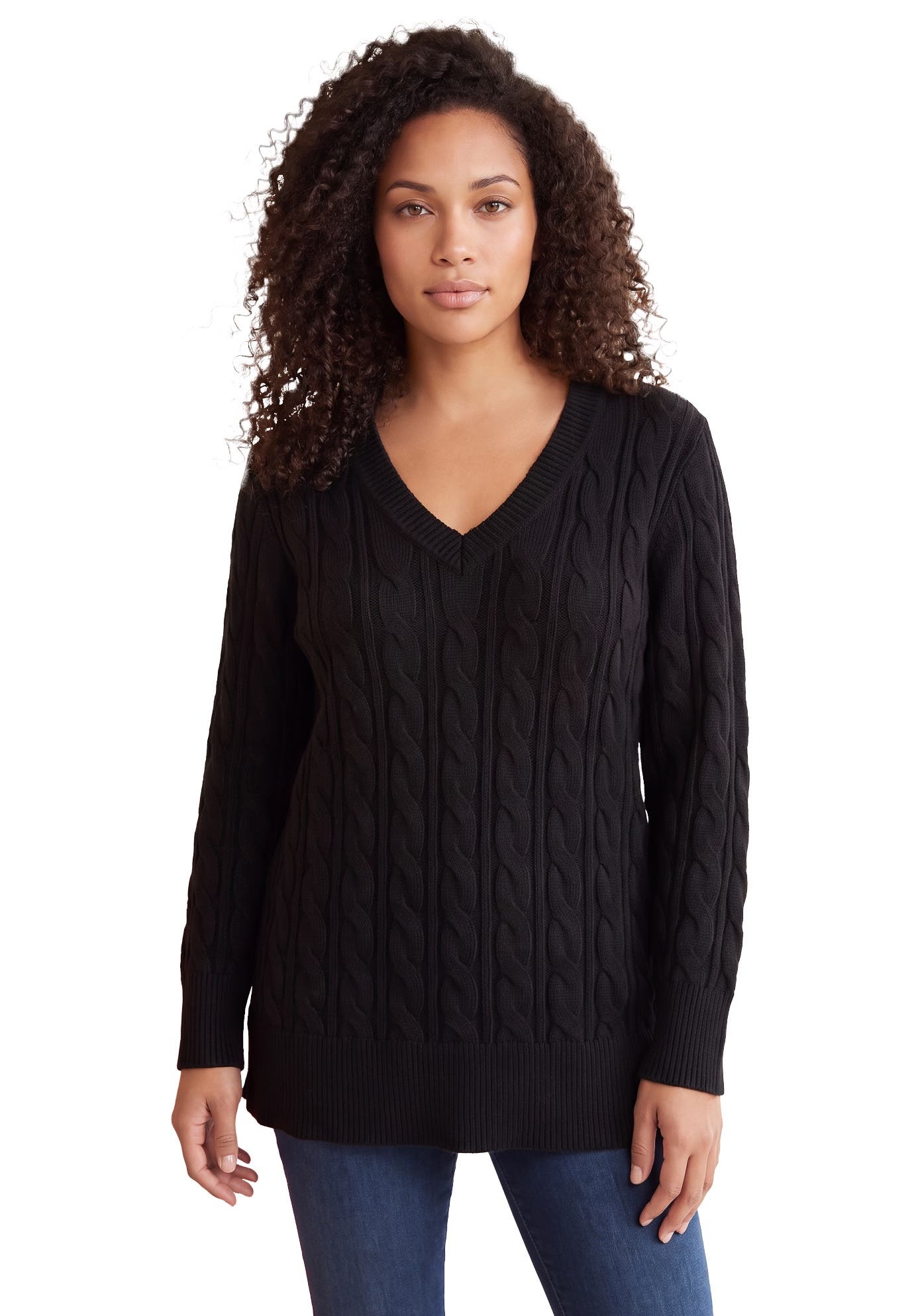 Roaman's Cozy Cable V Neck Tunic Sweater (Women) | Nordstrom