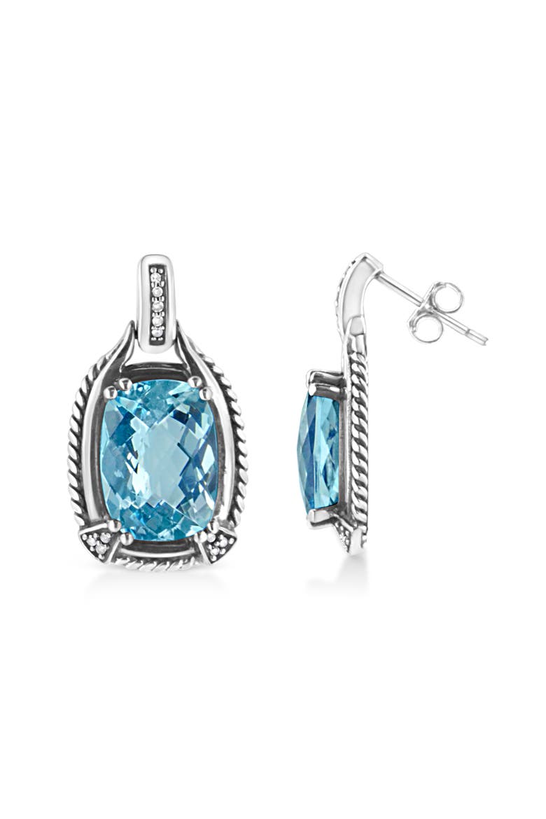 Silver 14x10MM Cushion Blue Topaz Gemstone and Diamond Accent Dangle Earring, Alternate, color, White