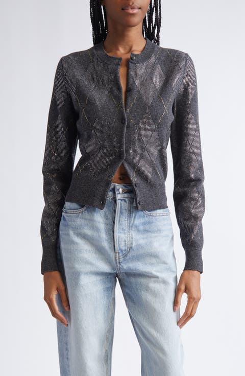 Hotfix Crystal Argyle Crop Wool Blend Cardigan