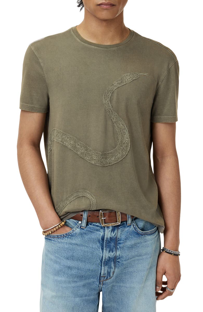 John Varvatos Snake Embroidered Organic Cotton T-Shirt, Main, color, Lichen Green