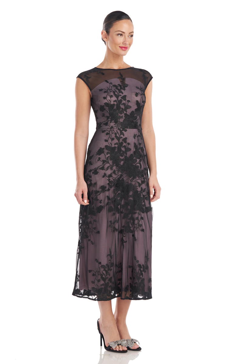 JS Collections Melissa Floral Embroidered Tulle Midi Dress, Alternate, color, 