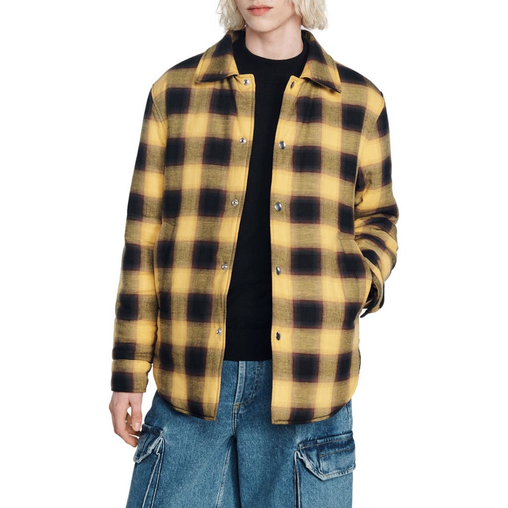 Sandro Grunge Checkered Cotton Overshirt In Yellow
