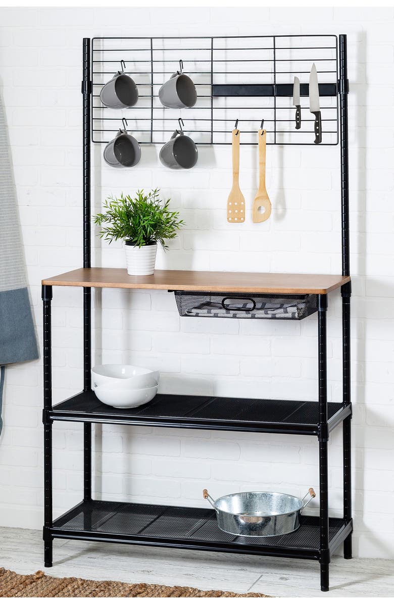HONEY-CAN-DO Black/Wood Kitchen Bakers Rack, Alternate, color, 