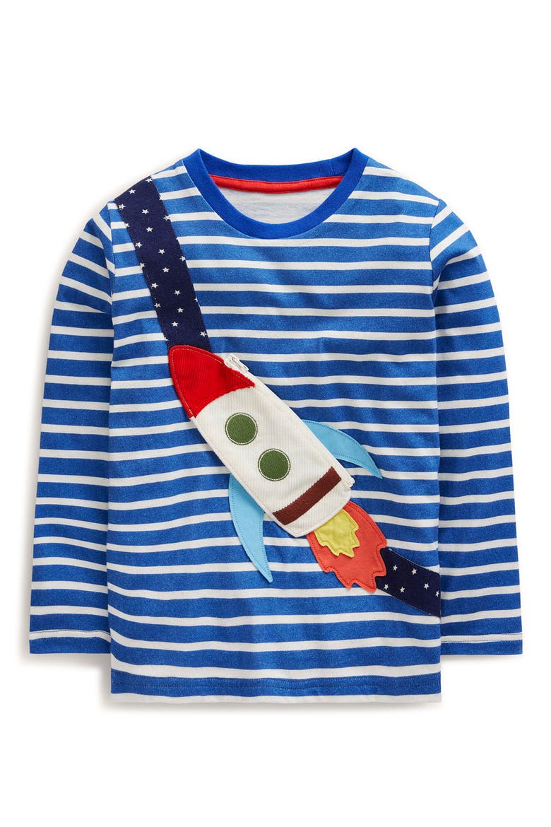Kids' Stripe Rocket Pocket Appliqué Long Sleeve Cotton Graphic T-Shirt, Main, color, DELFT AND IVORY STRIPE