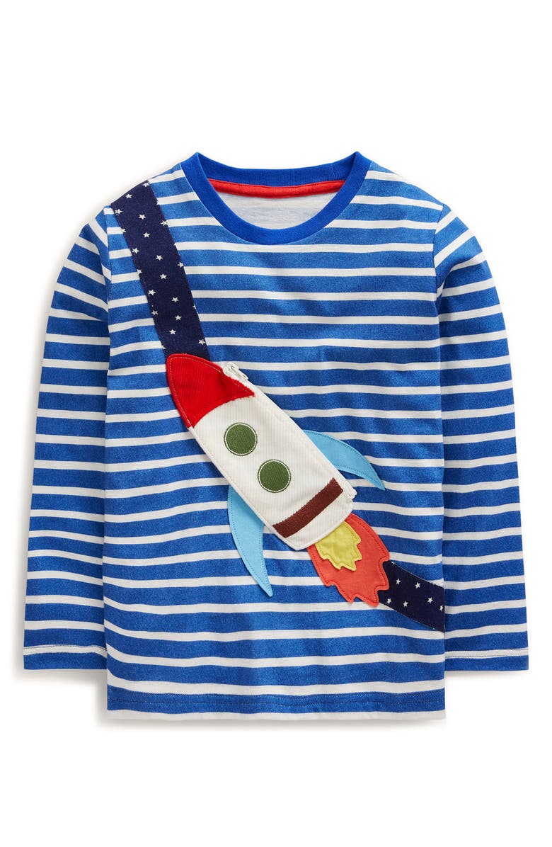 Mini Boden Kids' Stripe Rocket Pocket Appliqué Long Sleeve Cotton Graphic T-Shirt, Main, color, 
