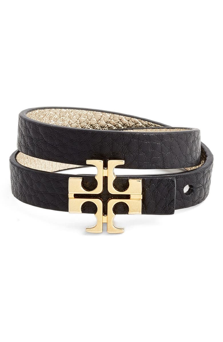 Tory Burch 'Split T' Reversible Leather Wrap Bracelet, Main, color, 