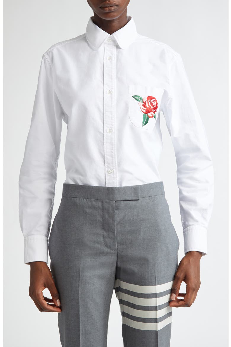 Rose Embroidered Button-Up Shirt, Main, color, WHITE