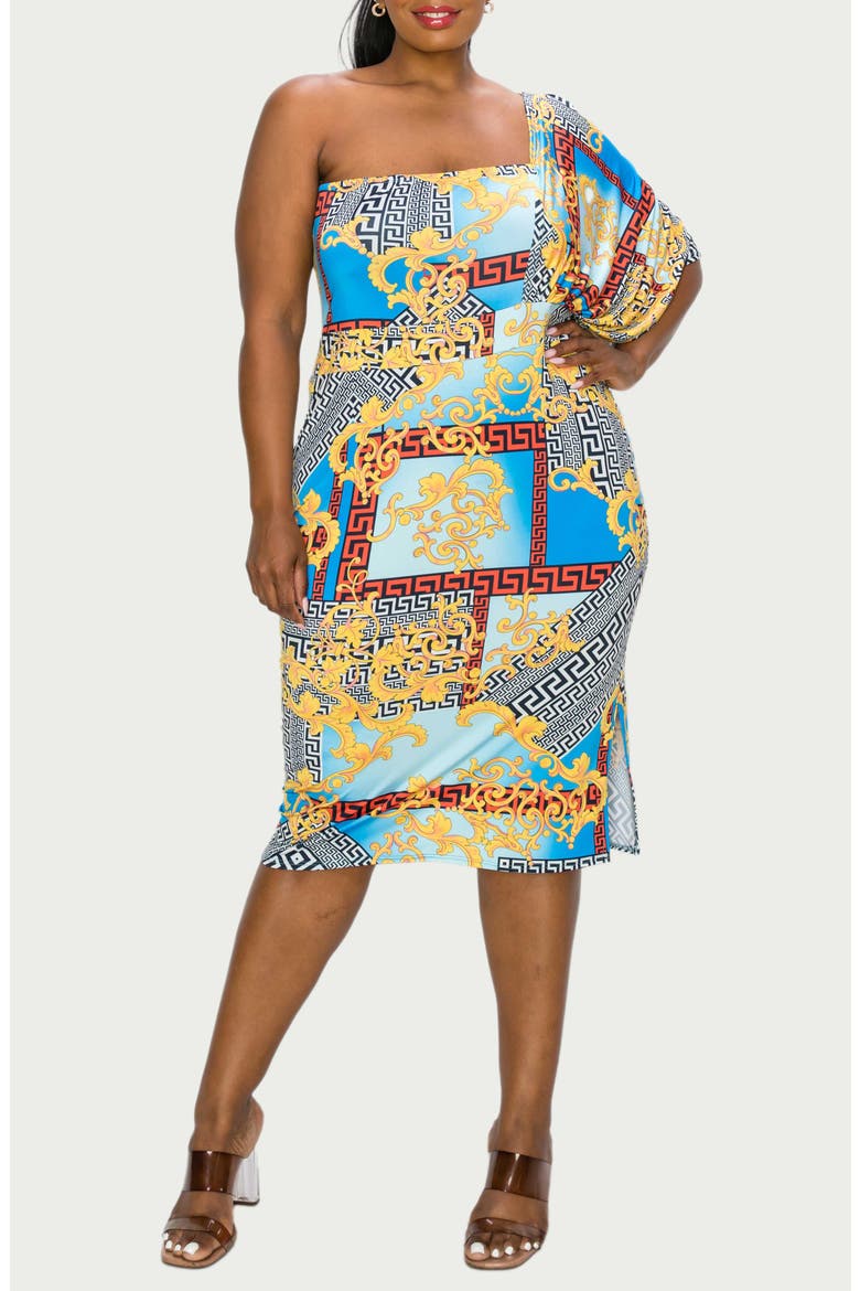 Sofia Mixed Print One-Shoulder Body-Con Dress, Alternate, color, BLUE