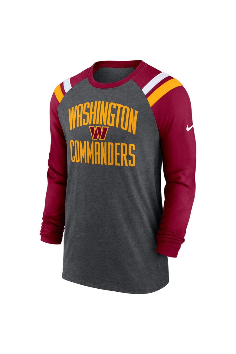 Men's Nike Heathered Charcoal/Burgundy Washington Commanders Tri-Blend Raglan Athletic Long Sleeve Fashion T-Shirt, Alternate, color, Heather Charcoal