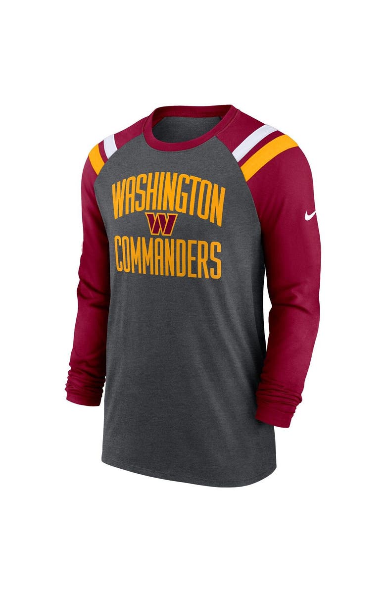 Nike Men's Nike Heathered Charcoal/Burgundy Washington Commanders Tri-Blend Raglan Athletic Long Sleeve Fashion T-Shirt, Alternate, color, Heather Charcoal