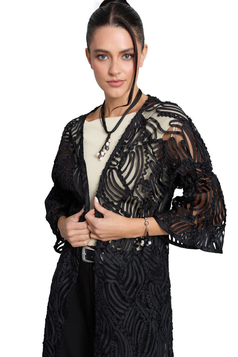 Ribbon Trim Balloon Sleeve Ruana, Alternate, color, BLACK