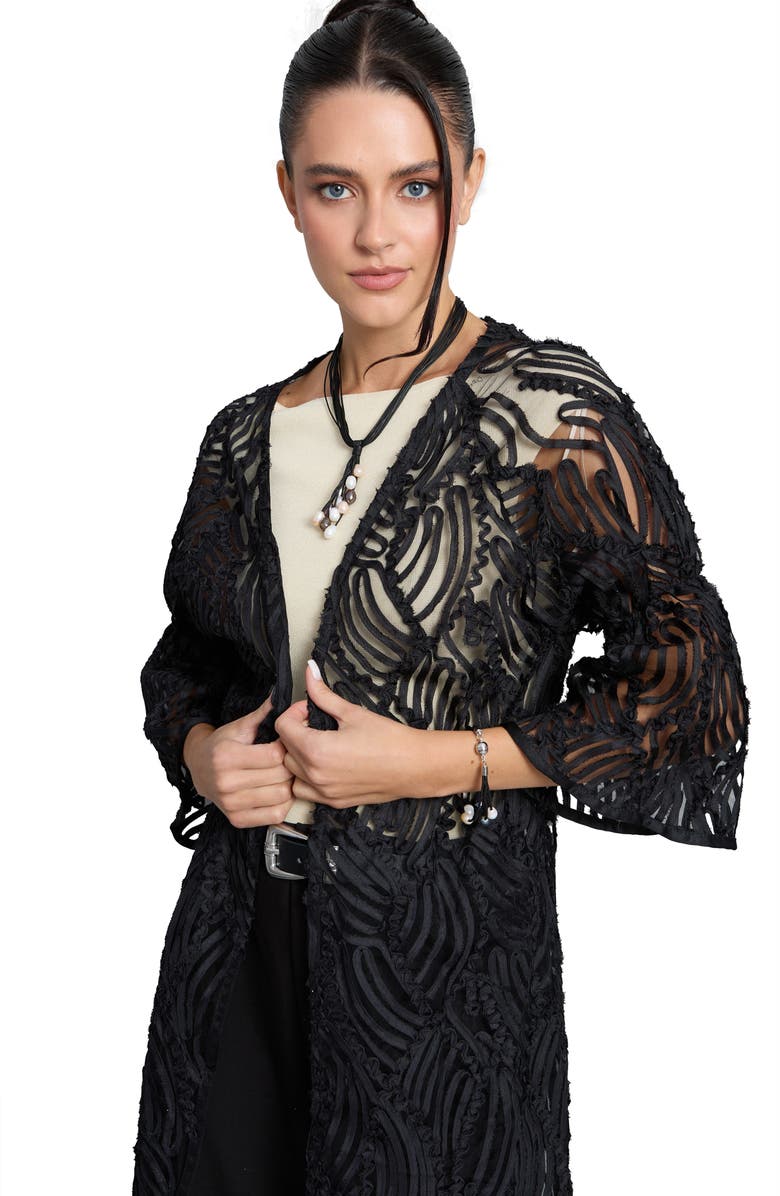 SAACHI Ribbon Trim Balloon Sleeve Ruana, Alternate, color, Black