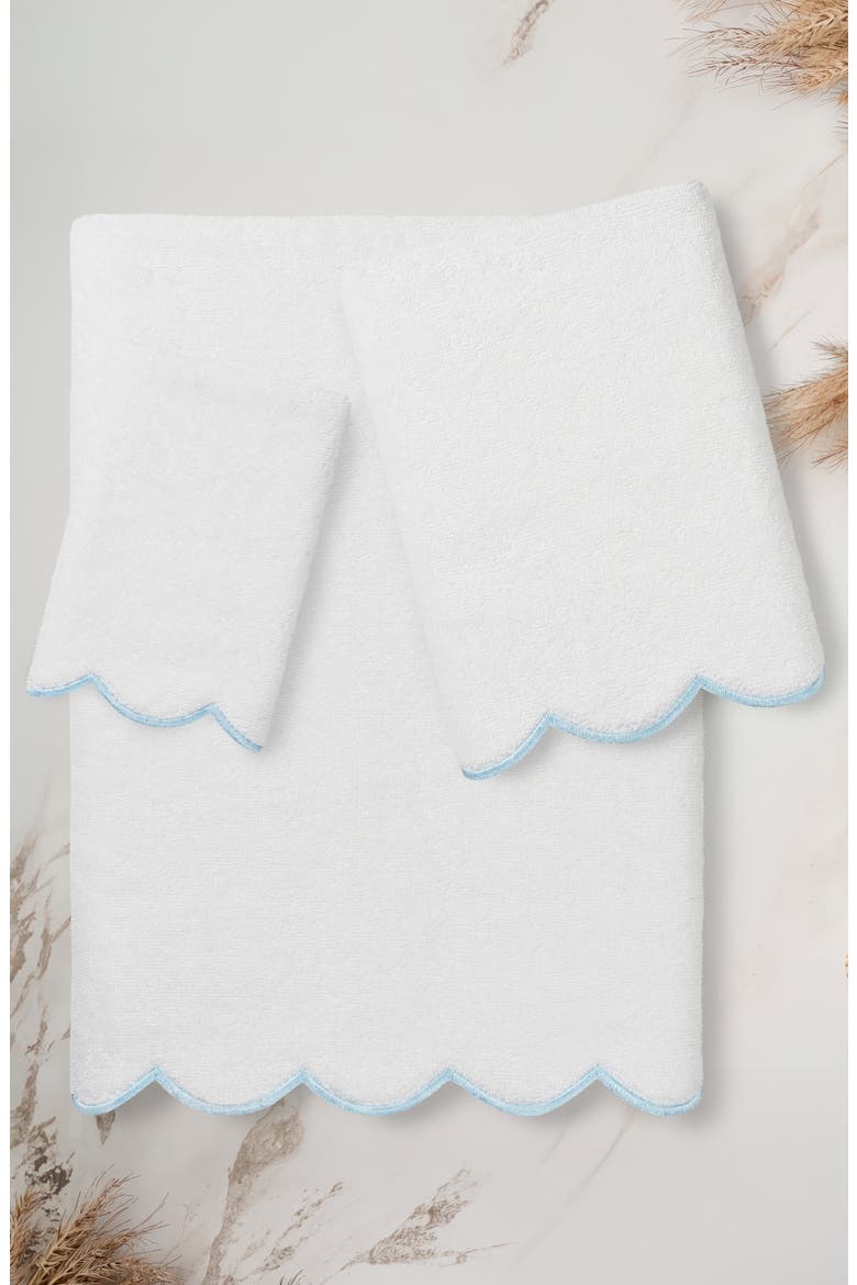 Adornia Scallop 3-Piece Towel Set, Alternate, color, WHITE/ BLUE