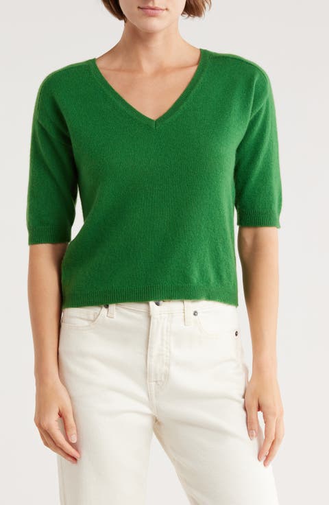 Cashmere V-Neck Elbow Sleeve Sweater