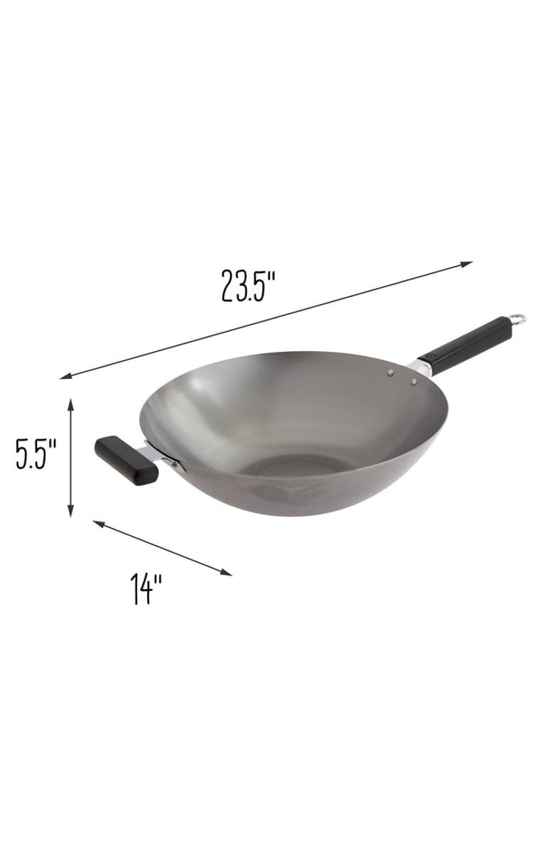 JOYCE CHEN Uncoated Carbon Steel Flat Bottom Wok with Phenolic Handles, 14-Inch, Alternate, color, Metallic Silver